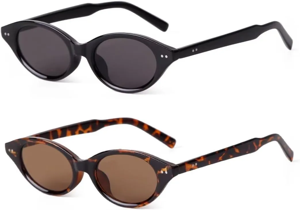 Retro Oval Sunglasses for Women Men Vintage 90s Trendy Y2K Narrow Cat Eye Chic Rivets Deco UV Protection Sun Glasses