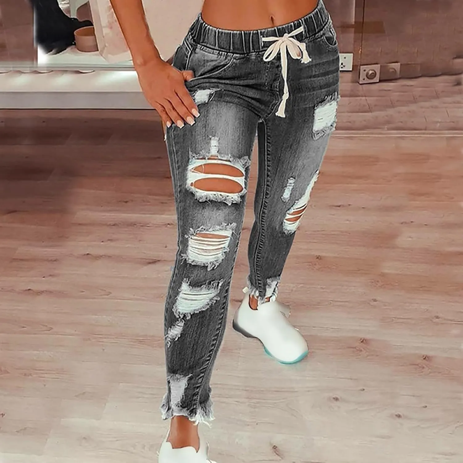 Ripped Jeans Womens Drawstring Pull on Raw Hem Skinny Plus Size Jeggings Elastic Waist Denim Boyfriend with Pockets