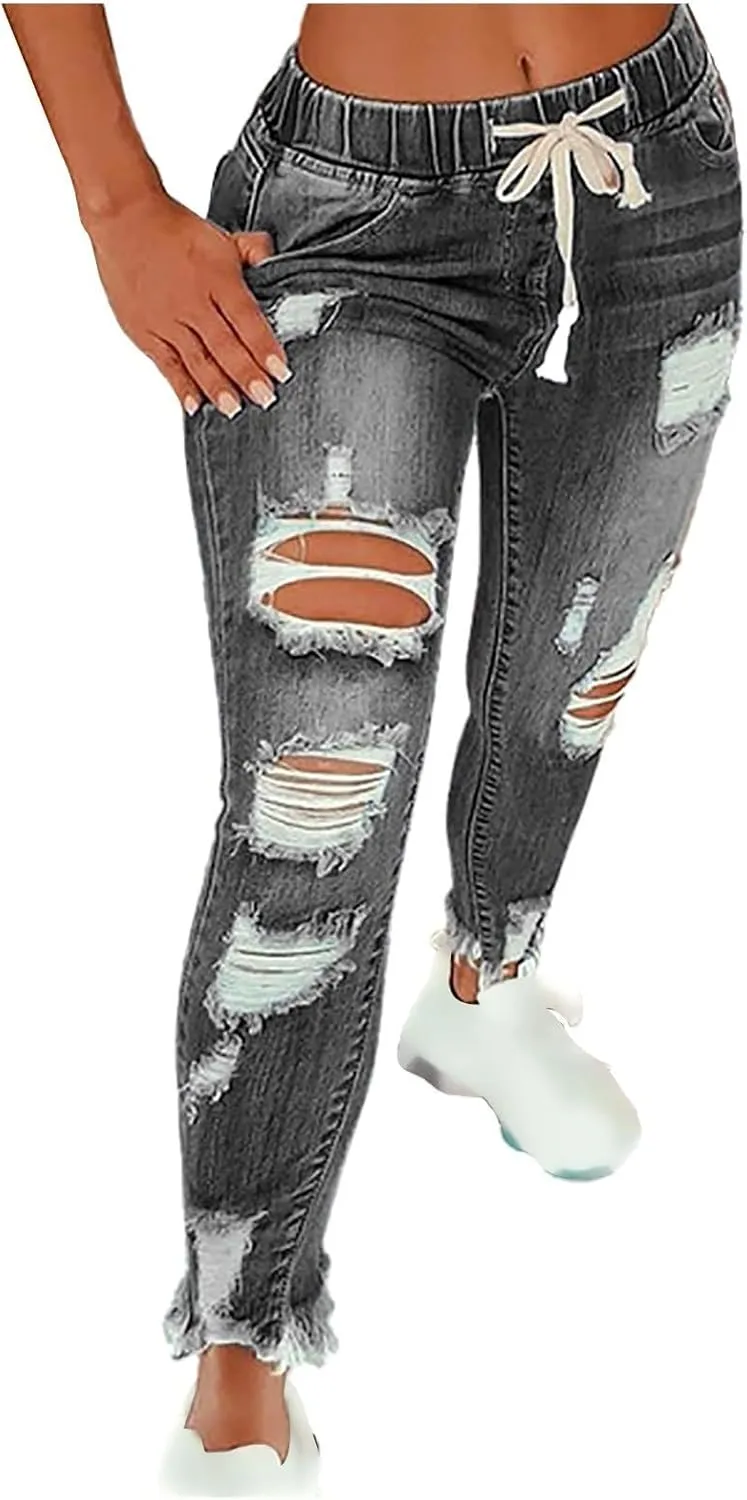 Ripped Jeans Womens Drawstring Pull on Raw Hem Skinny Plus Size Jeggings Elastic Waist Denim Boyfriend with Pockets