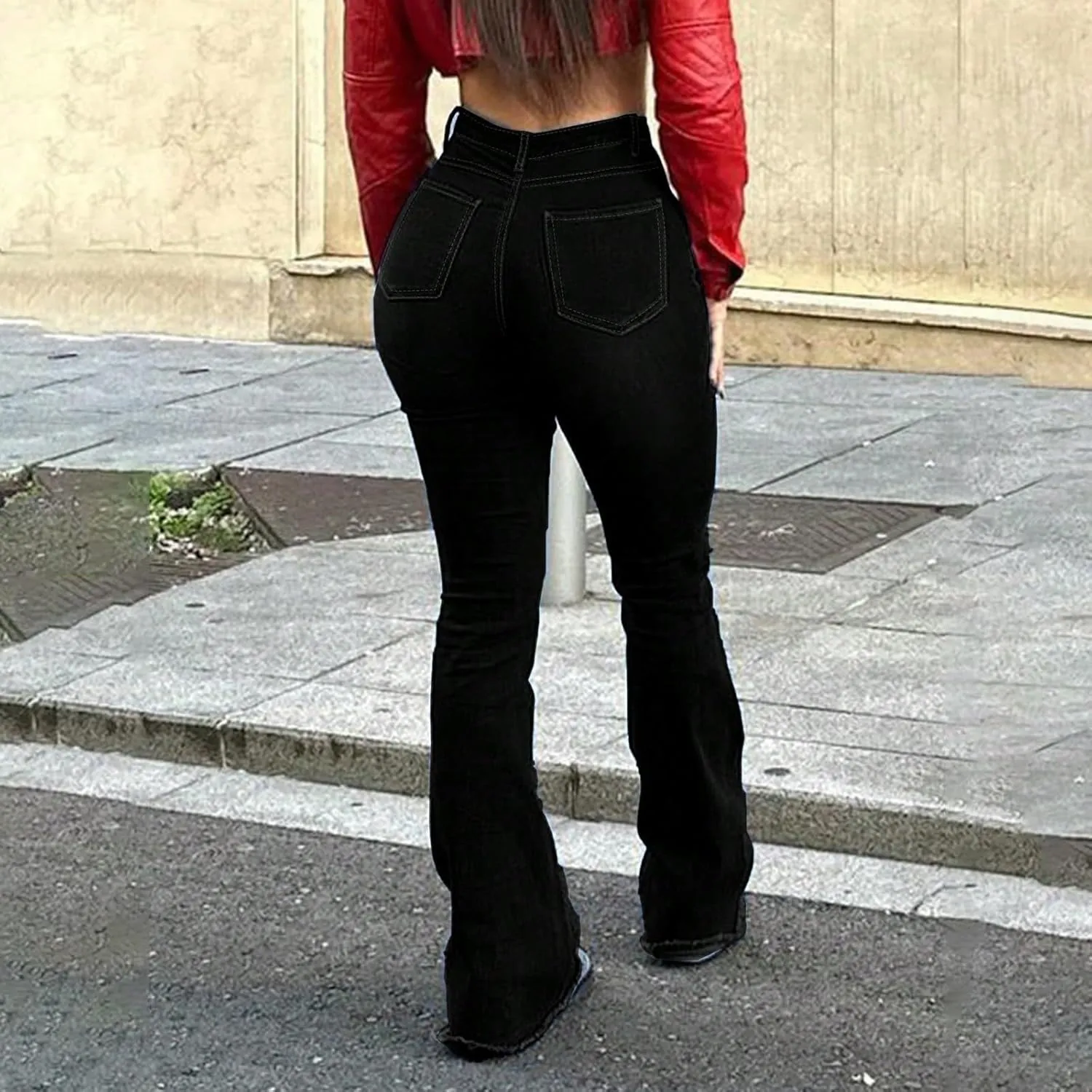 Ripped Jeans Womens High Waisted Flare Jeans Colombian Stretch Tummy Control Raw Hem Bell Bottom Jean with Pockets