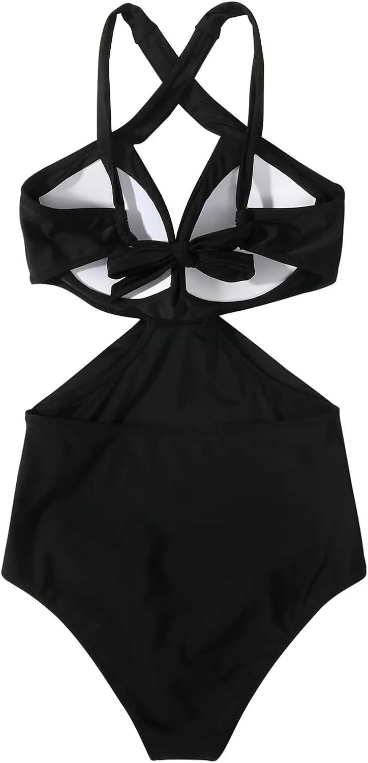 Rvidbe Women's Bikini Swimsuits Women's 1 Piece Swimsuit Sexy Black Cutout Scallop Trim Bathing Suit