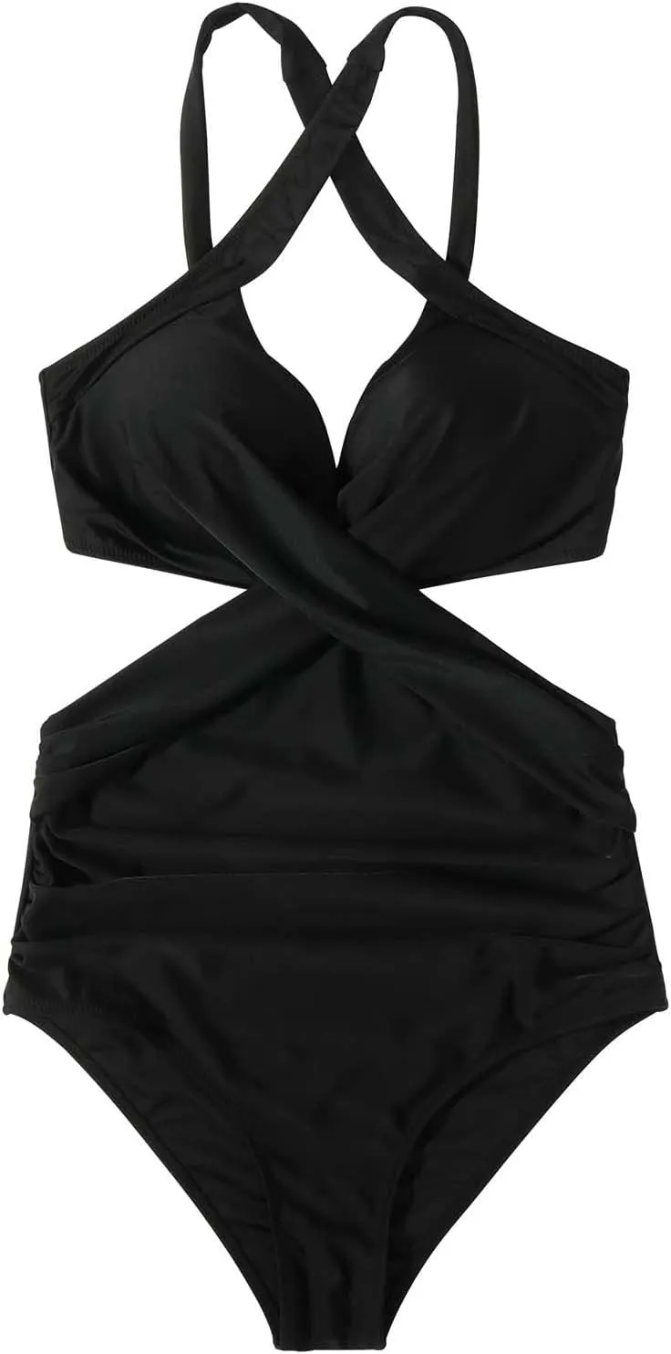 Rvidbe Women's Bikini Swimsuits Women's 1 Piece Swimsuit Sexy Black Cutout Scallop Trim Bathing Suit