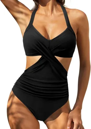 Rvidbe Womens One-Piece Swimsuit Ruched Tummy Control High Cut Backless V Neck Bathing Suits Swimwear Womens Swimsuits Tummy Control Tummy Control Swimsuits for Women One-Piece Swimsuit