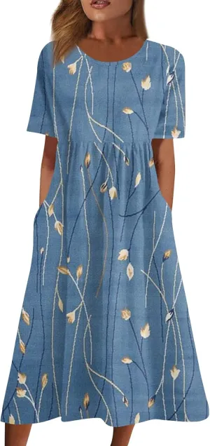 Segaven Dresses for Women 2024 Pocket Printed Dresses Round Neck Pleated Maxi Dress Short Sleeve Casual Beach Dress