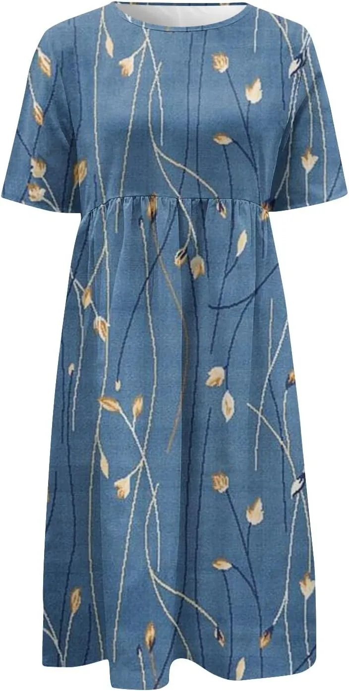 Segaven Dresses for Women 2024 Pocket Printed Dresses Round Neck Pleated Maxi Dress Short Sleeve Casual Beach Dress