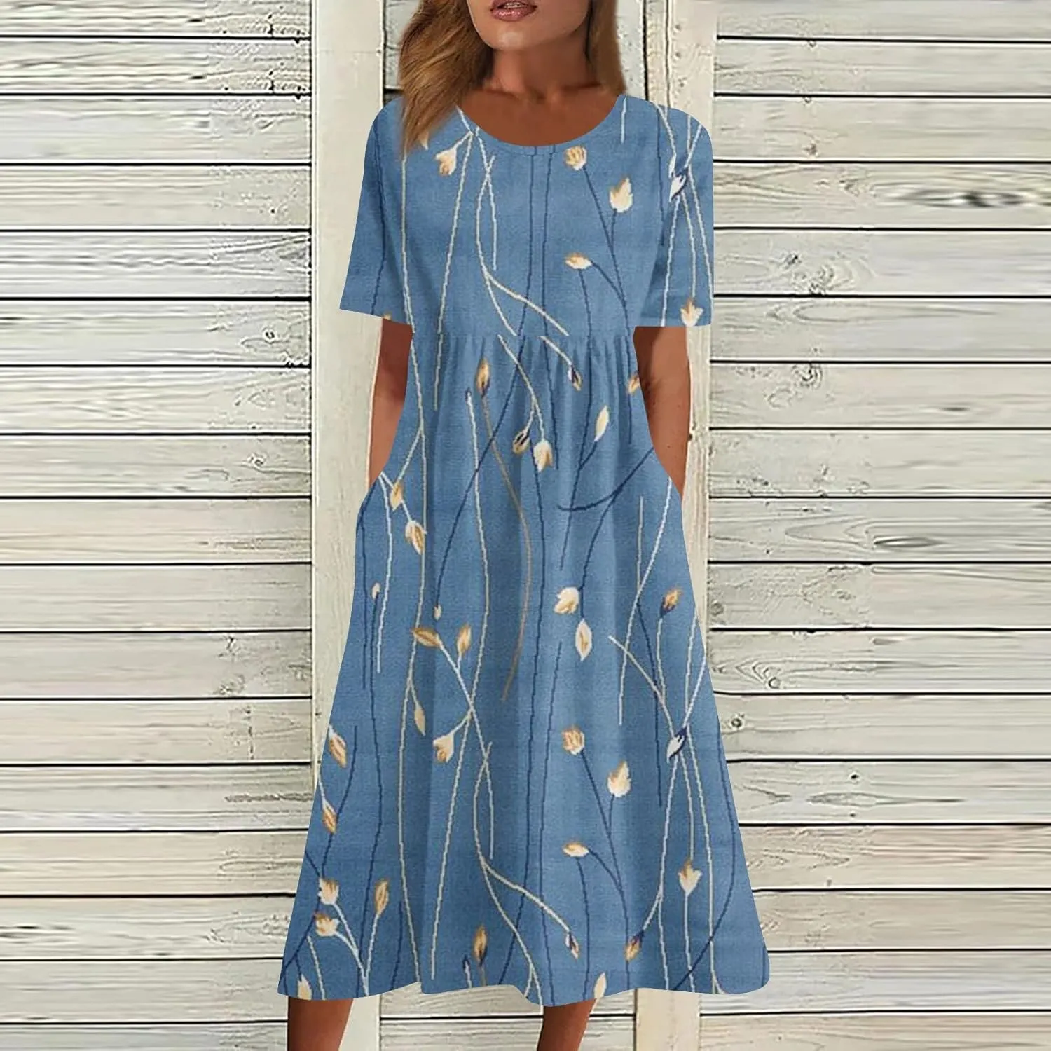 Segaven Dresses for Women 2024 Pocket Printed Dresses Round Neck Pleated Maxi Dress Short Sleeve Casual Beach Dress