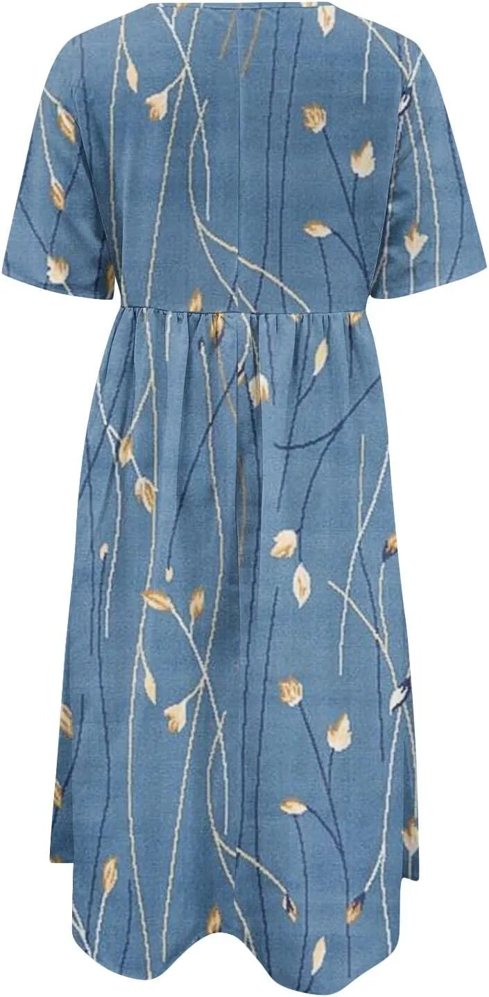 Segaven Dresses for Women 2024 Pocket Printed Dresses Round Neck Pleated Maxi Dress Short Sleeve Casual Beach Dress