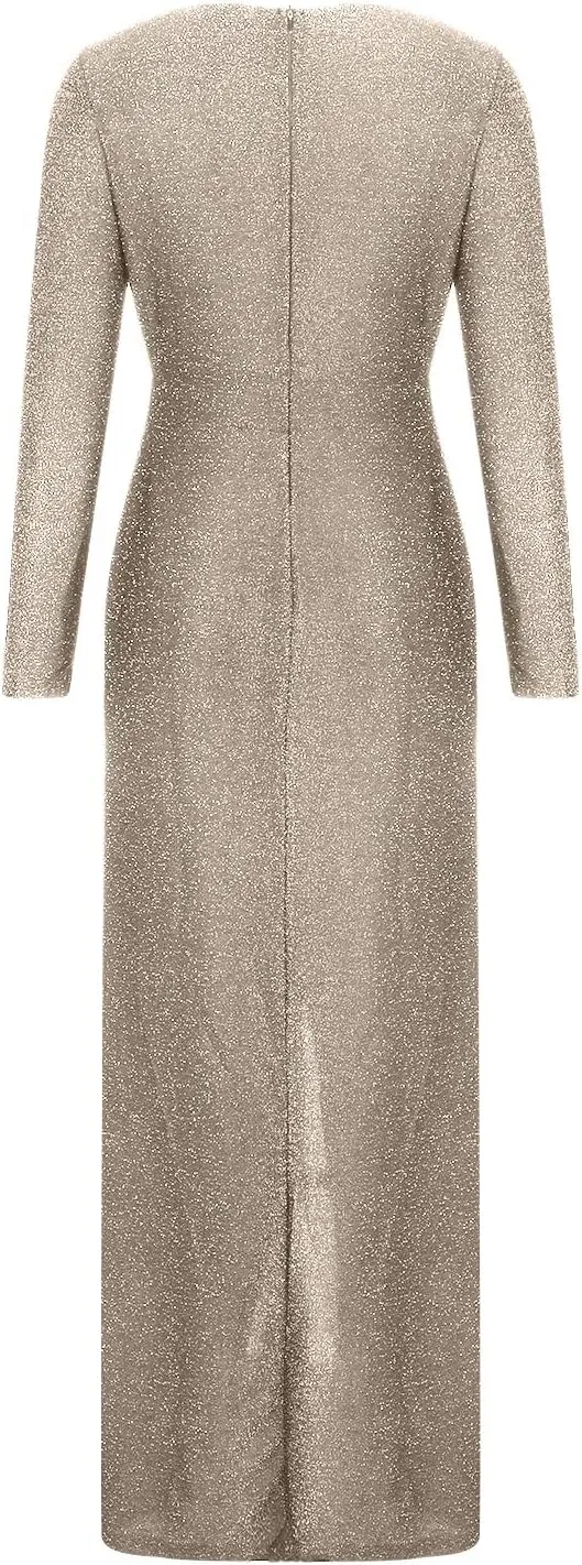 Sequin Formal Dress for Women Sparkle Evening Gowns Split Hem Long Dresses Sheer Lantern Long Sleeve Maxi Dress