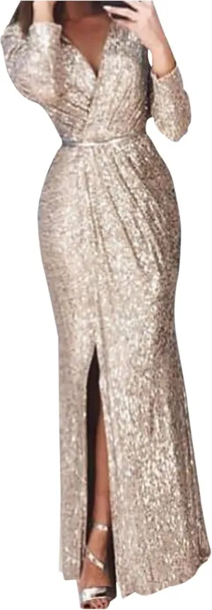 Sequin Formal Dress for Women Sparkle Evening Gowns Split Hem Long Dresses Sheer Lantern Long Sleeve Maxi Dress