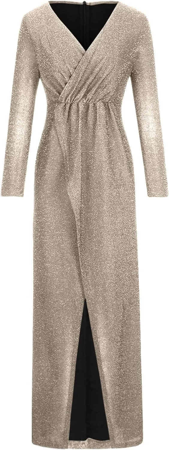 Sequin Formal Dress for Women Sparkle Evening Gowns Split Hem Long Dresses Sheer Lantern Long Sleeve Maxi Dress