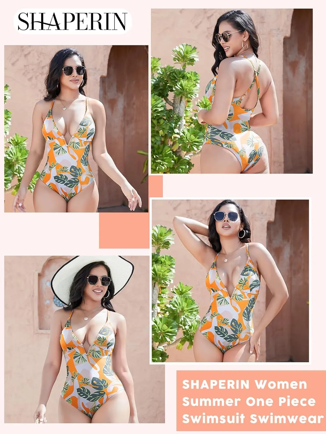 SHAPERIN Women Swimsuit One Piece Bathing Suits Tummy Control Sexy Deep V Neck Padded Push Up Swimwear Monokini
