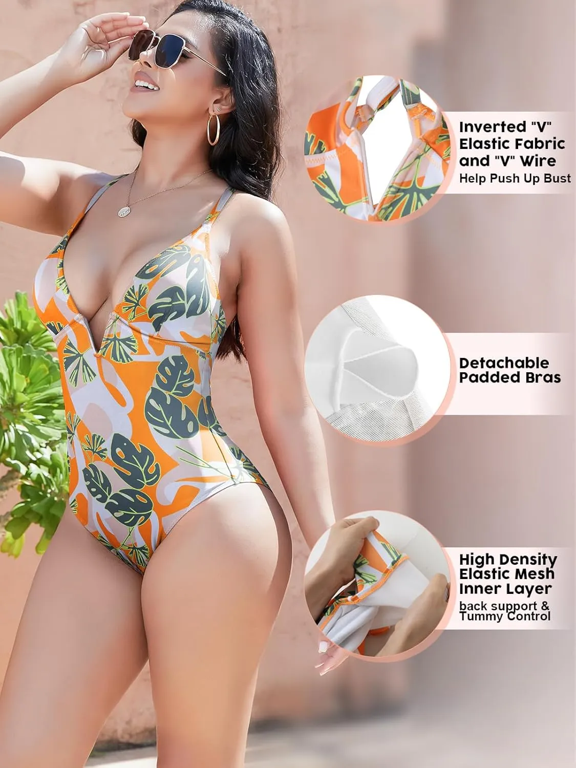 SHAPERIN Women Swimsuit One Piece Bathing Suits Tummy Control Sexy Deep V Neck Padded Push Up Swimwear Monokini