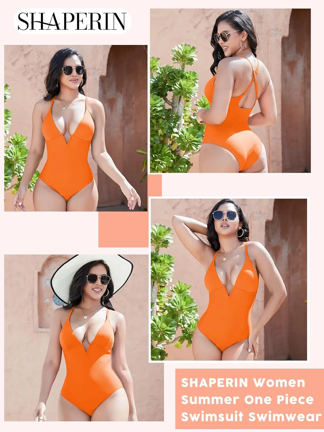 SHAPERIN Women Swimsuit One Piece Bathing Suits Tummy Control Sexy Deep V Neck Padded Push Up Swimwear Monokini