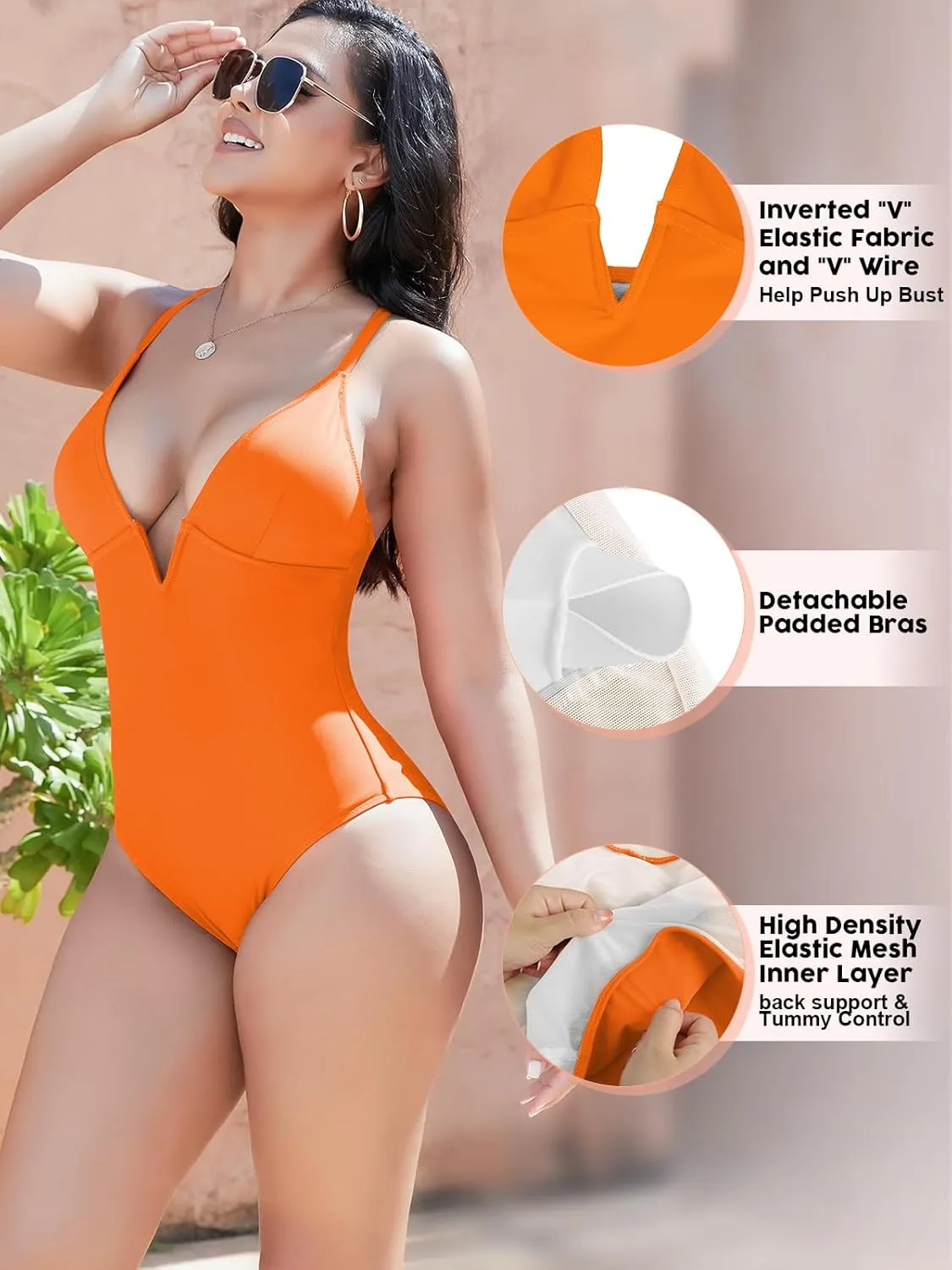 SHAPERIN Women Swimsuit One Piece Bathing Suits Tummy Control Sexy Deep V Neck Padded Push Up Swimwear Monokini