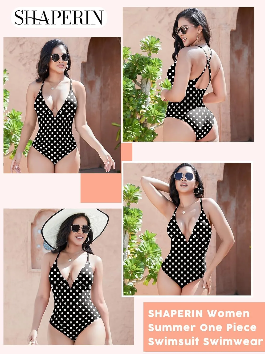 SHAPERIN Women Swimsuit One Piece Bathing Suits Tummy Control Sexy Deep V Neck Padded Push Up Swimwear Monokini