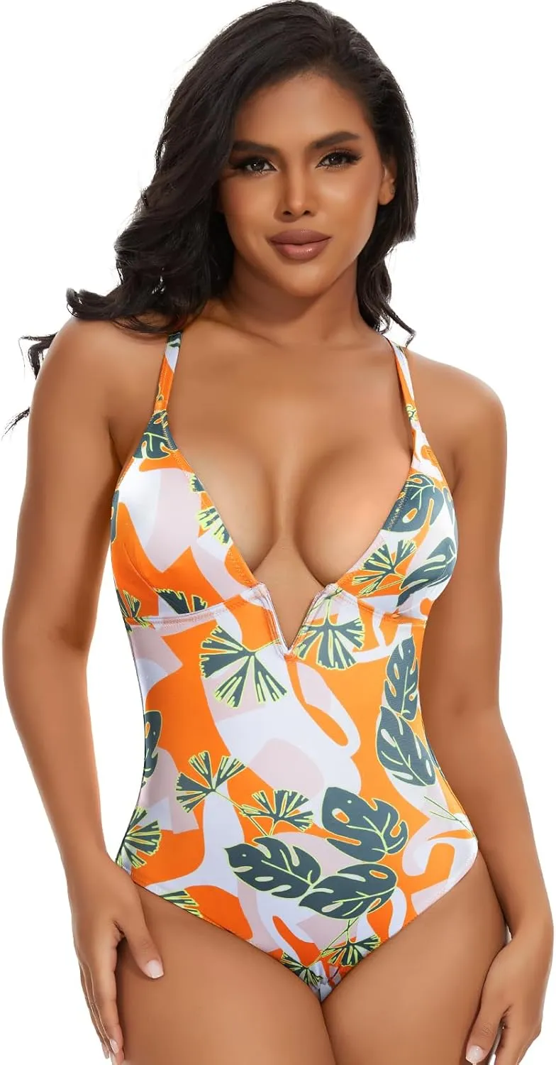 SHAPERIN Women Swimsuit One Piece Bathing Suits Tummy Control Sexy Deep V Neck Padded Push Up Swimwear Monokini