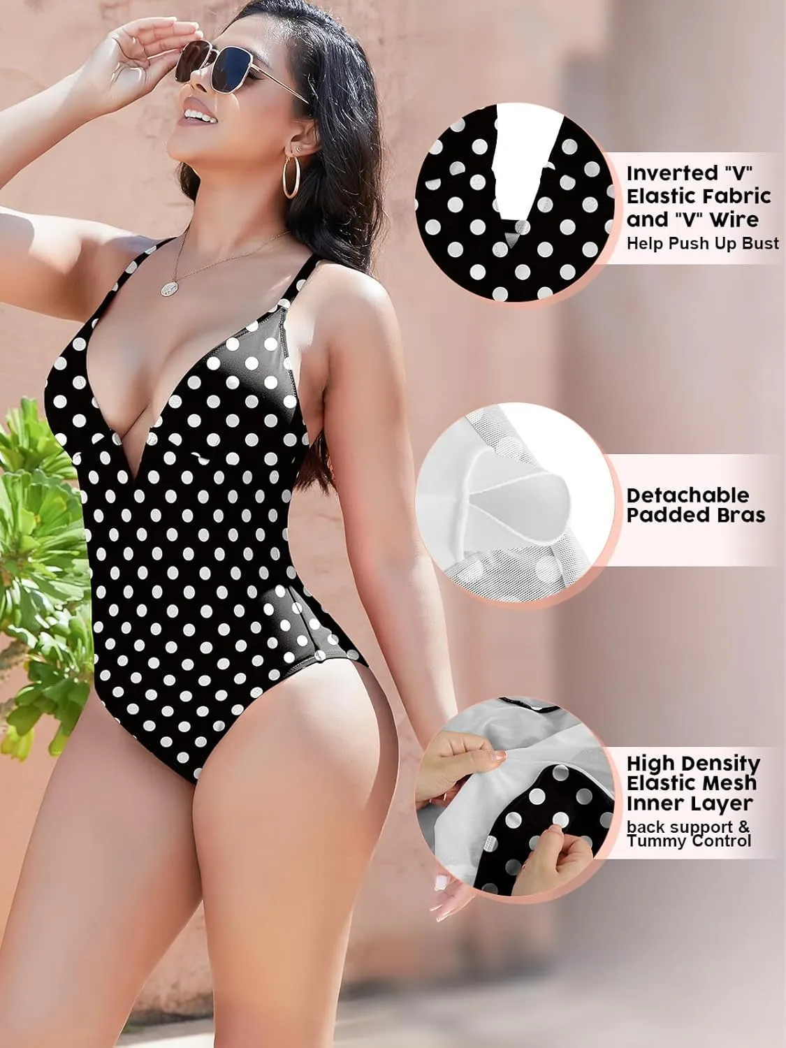 SHAPERIN Women Swimsuit One Piece Bathing Suits Tummy Control Sexy Deep V Neck Padded Push Up Swimwear Monokini