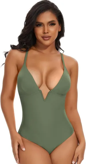 SHAPERIN Women Swimsuit One Piece Bathing Suits Tummy Control Sexy Deep V Neck Padded Push Up Swimwear Monokini