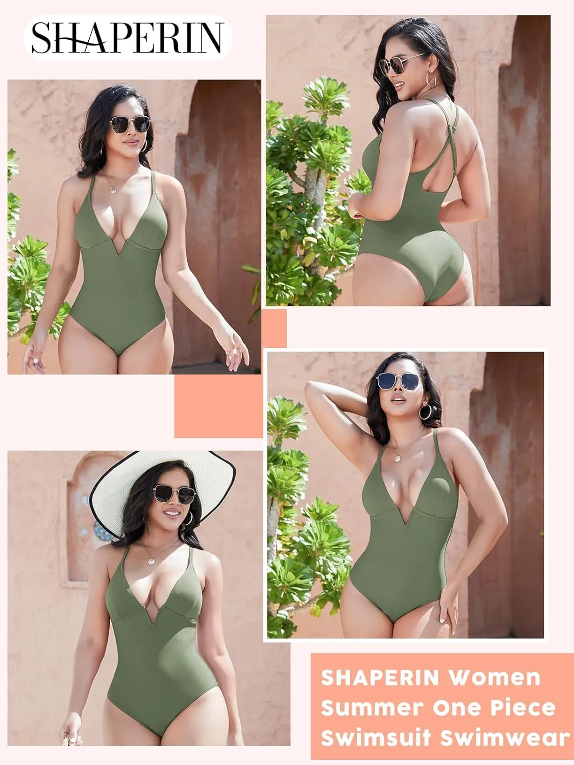 SHAPERIN Women Swimsuit One Piece Bathing Suits Tummy Control Sexy Deep V Neck Padded Push Up Swimwear Monokini