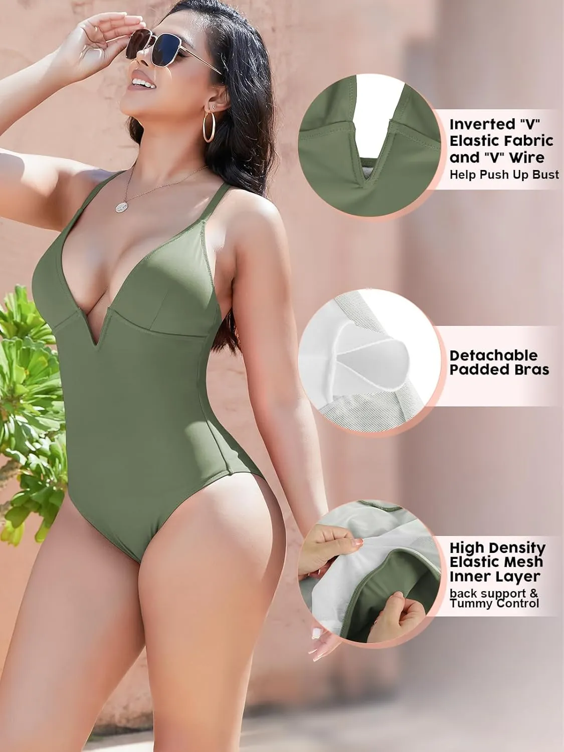 SHAPERIN Women Swimsuit One Piece Bathing Suits Tummy Control Sexy Deep V Neck Padded Push Up Swimwear Monokini