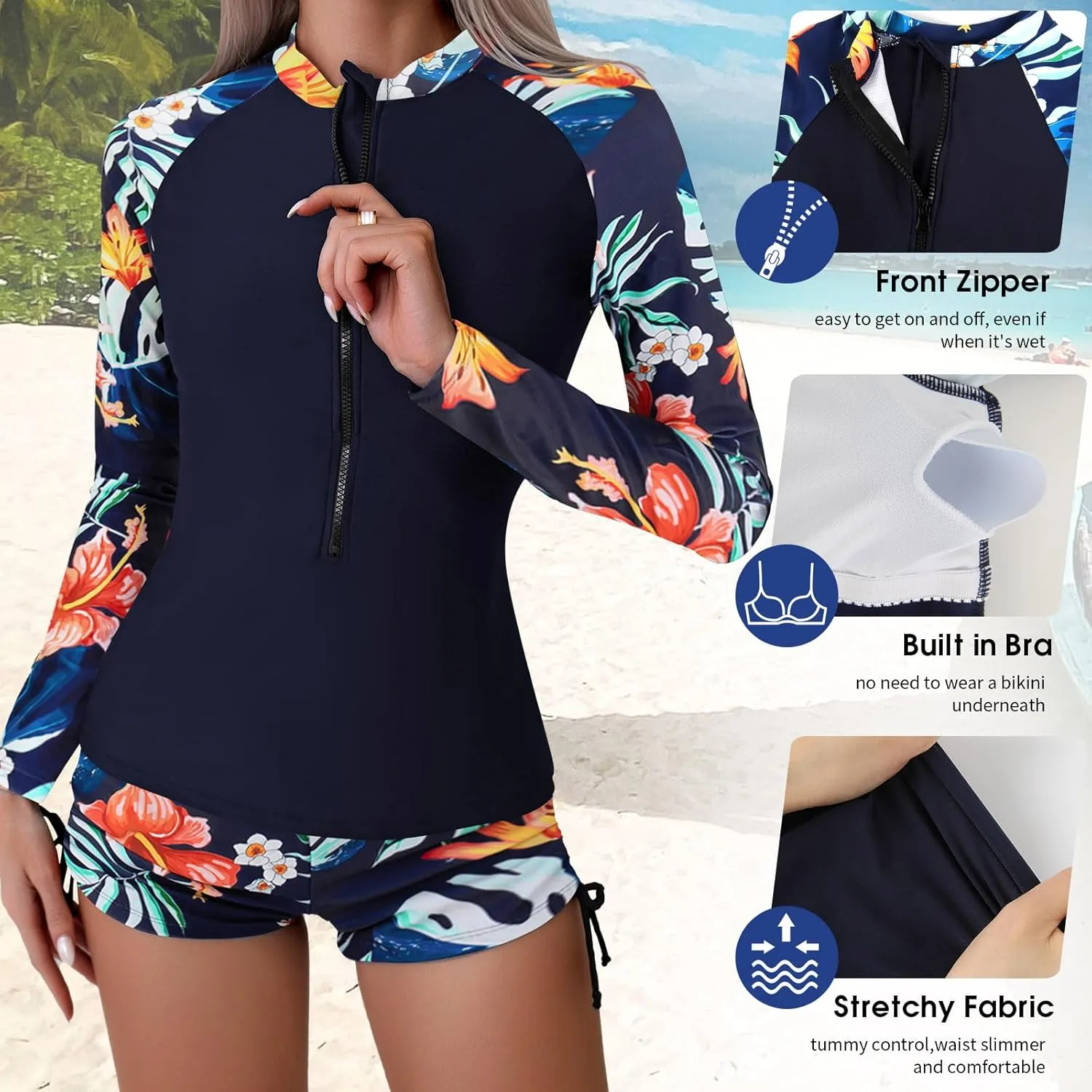 SHAPERIN Women's Long Sleeve Rash Guard 2 Piece Swimsuits UV UPF 50  Surfing Swim Shirt Bathing Suit with Boyshort Bottom