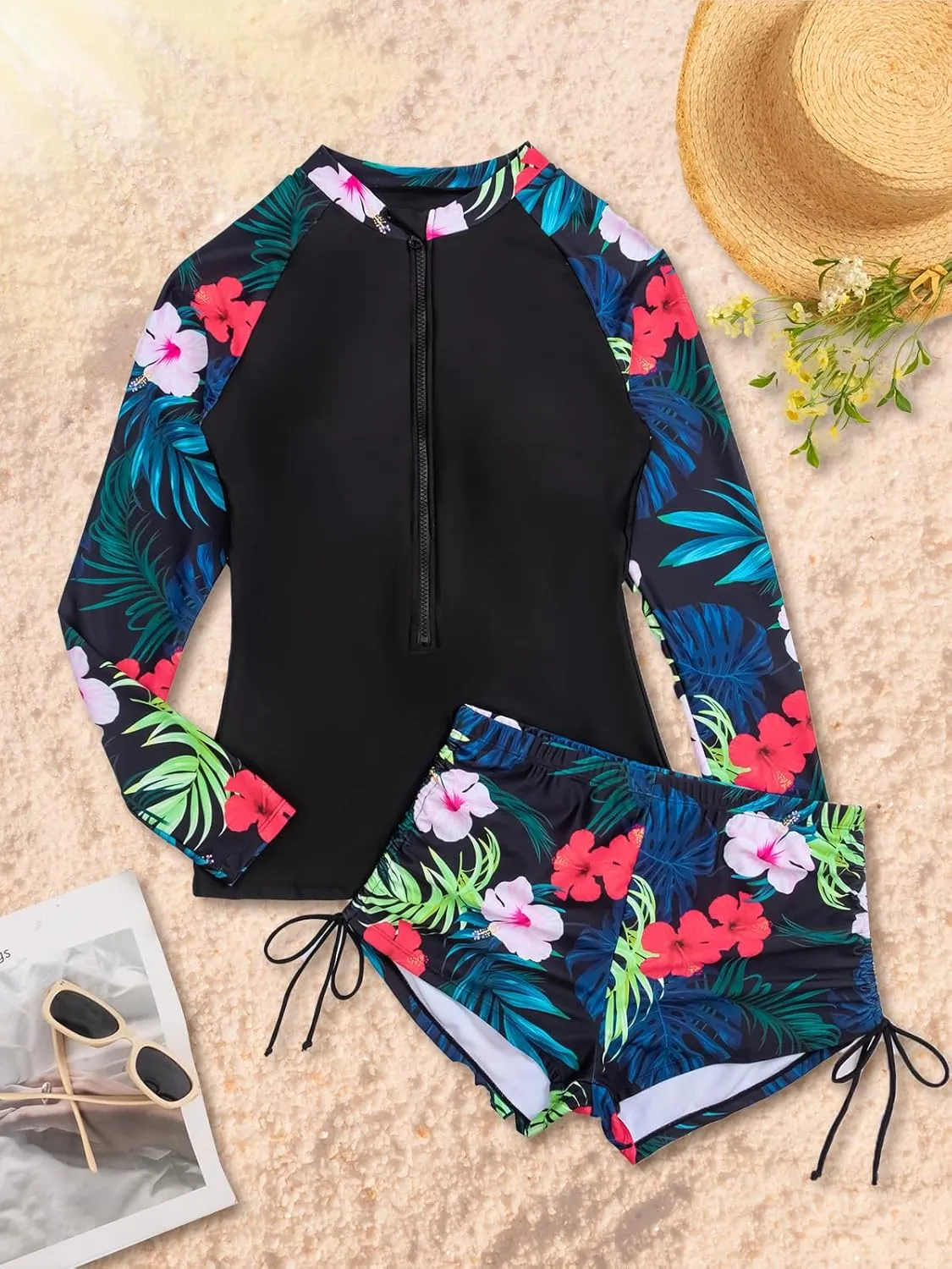 SHAPERIN Women's Long Sleeve Rash Guard 2 Piece Swimsuits UV UPF 50  Surfing Swim Shirt Bathing Suit with Boyshort Bottom