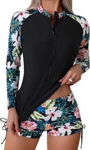 SHAPERIN Women's Long Sleeve Rash Guard 2 Piece Swimsuits UV UPF 50  Surfing Swim Shirt Bathing Suit with Boyshort Bottom