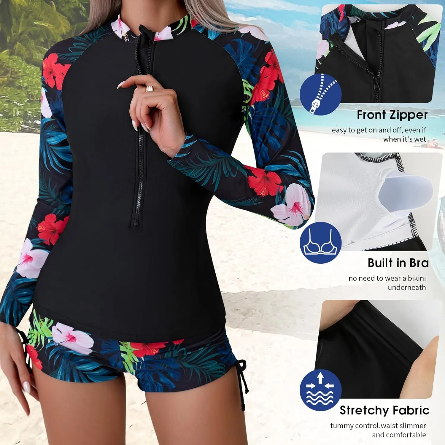 SHAPERIN Women's Long Sleeve Rash Guard 2 Piece Swimsuits UV UPF 50  Surfing Swim Shirt Bathing Suit with Boyshort Bottom