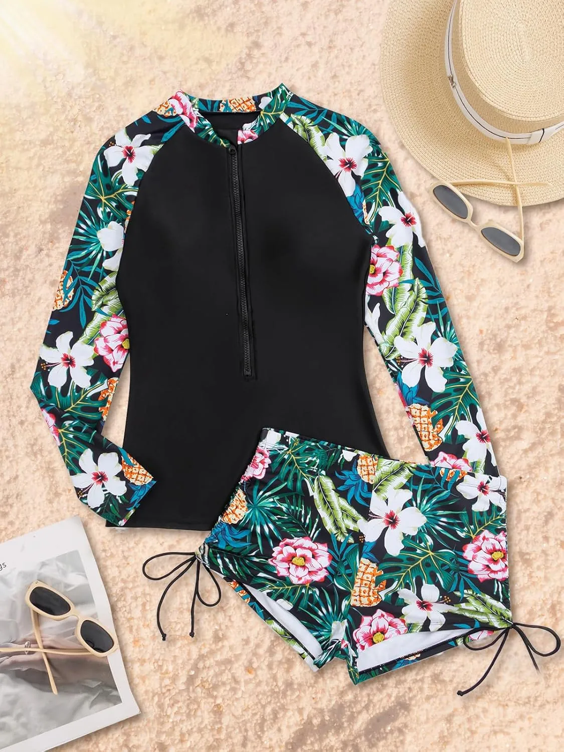 SHAPERIN Women's Long Sleeve Rash Guard 2 Piece Swimsuits UV UPF 50  Surfing Swim Shirt Bathing Suit with Boyshort Bottom