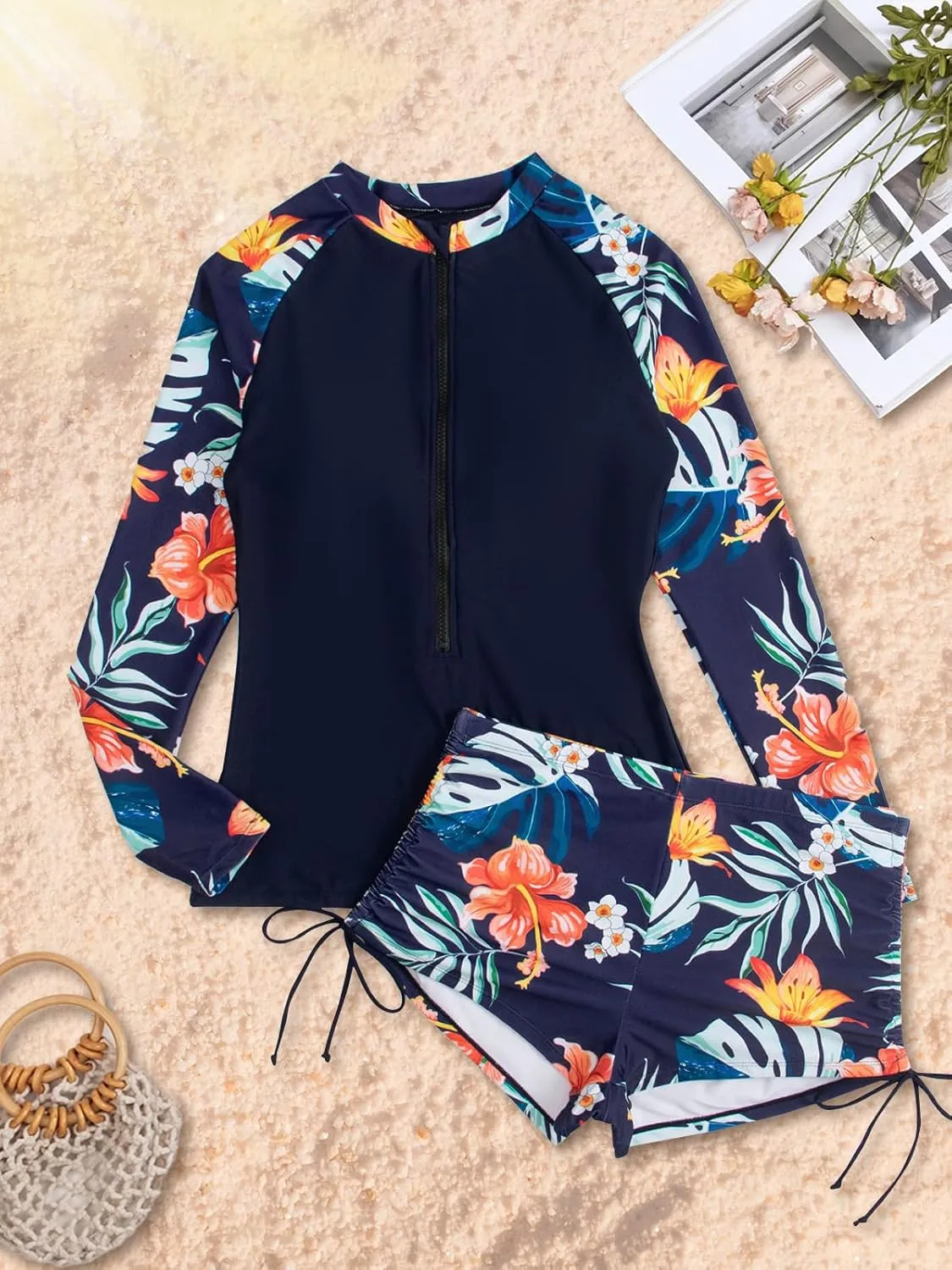SHAPERIN Women's Long Sleeve Rash Guard 2 Piece Swimsuits UV UPF 50  Surfing Swim Shirt Bathing Suit with Boyshort Bottom