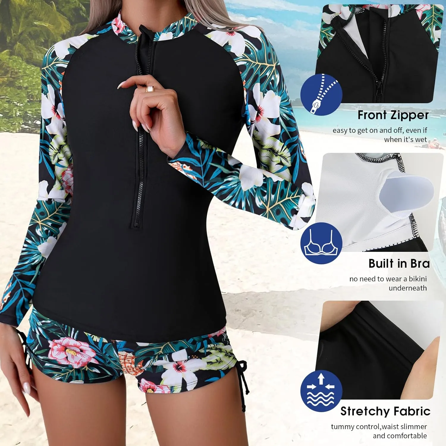 SHAPERIN Women's Long Sleeve Rash Guard 2 Piece Swimsuits UV UPF 50  Surfing Swim Shirt Bathing Suit with Boyshort Bottom