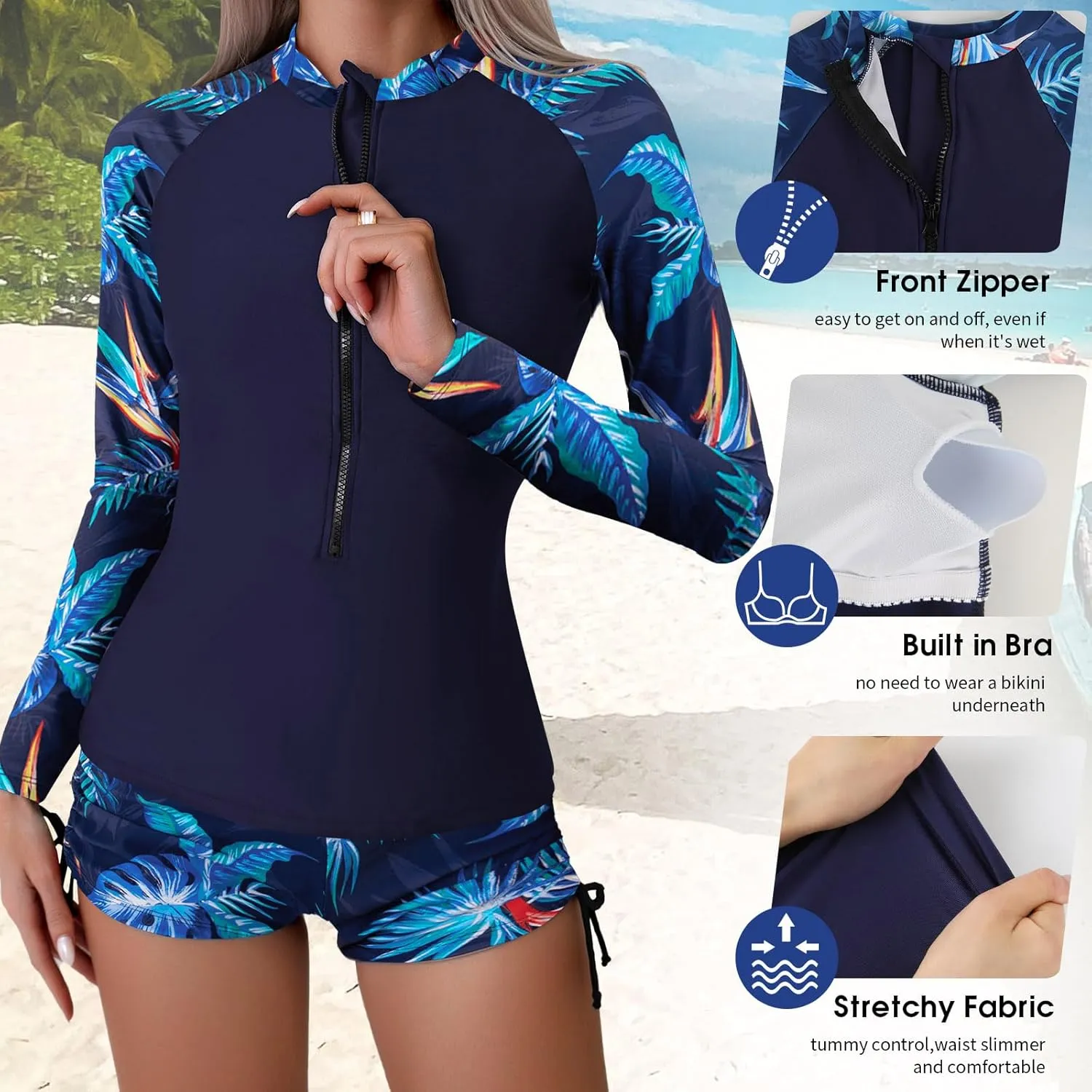 SHAPERIN Women's Long Sleeve Rash Guard 2 Piece Swimsuits UV UPF 50  Surfing Swim Shirt Bathing Suit with Boyshort Bottom