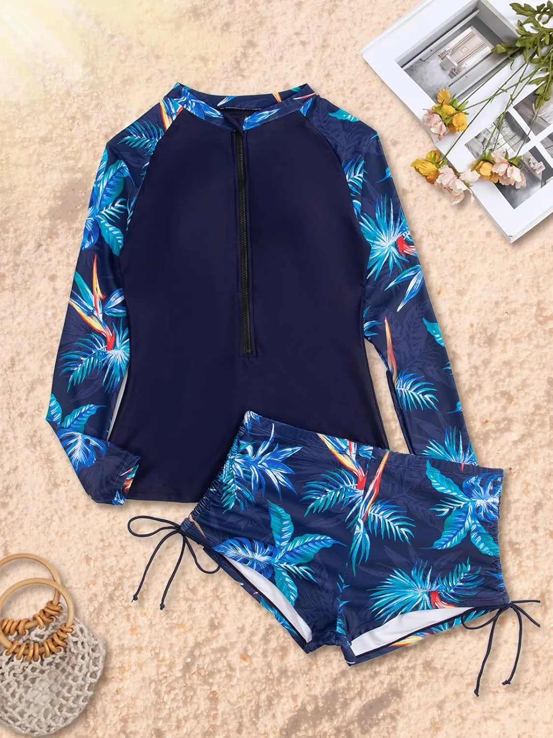 SHAPERIN Women's Long Sleeve Rash Guard 2 Piece Swimsuits UV UPF 50  Surfing Swim Shirt Bathing Suit with Boyshort Bottom