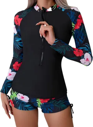 SHAPERIN Women's Long Sleeve Rash Guard 2 Piece Swimsuits UV UPF 50  Surfing Swim Shirt Bathing Suit with Boyshort Bottom