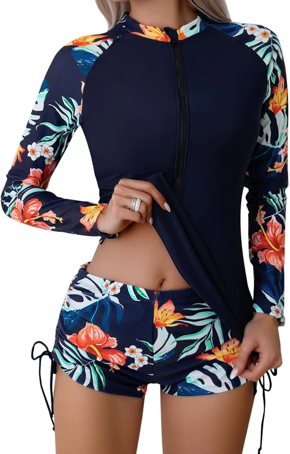 SHAPERIN Women's Long Sleeve Rash Guard 2 Piece Swimsuits UV UPF 50  Surfing Swim Shirt Bathing Suit with Boyshort Bottom