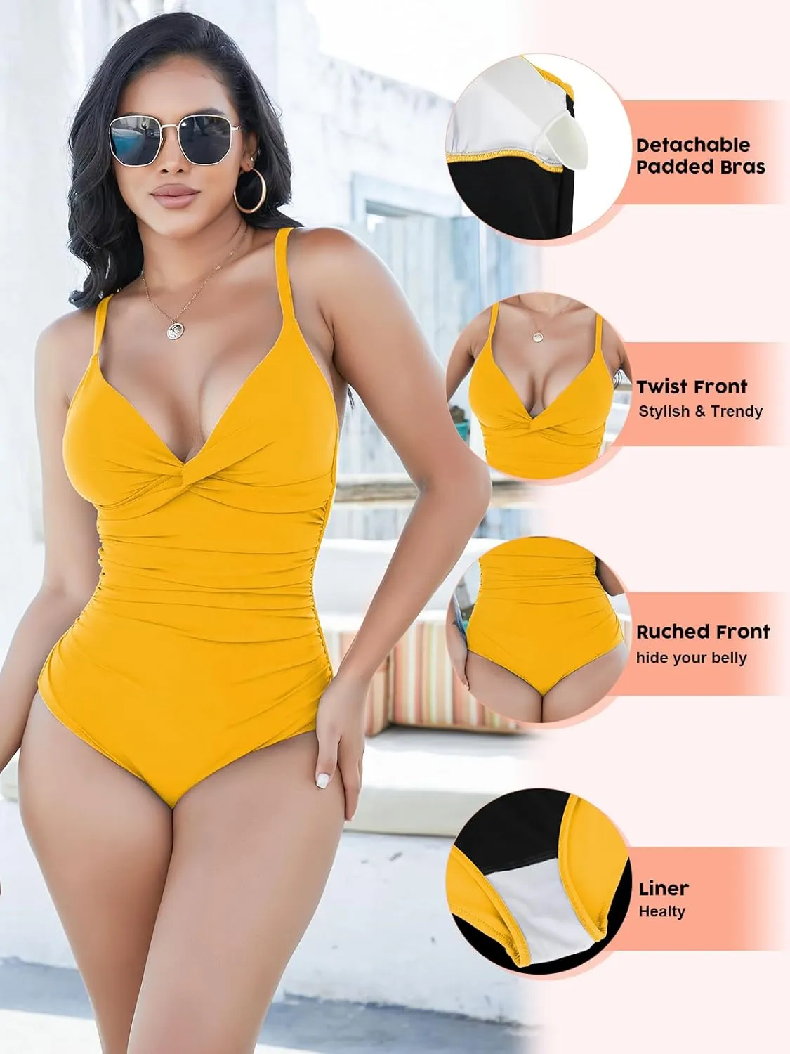 SHAPERIN Women's One Piece Swimsuits Tummy Control High Waisted Bathing Suits Padded Push Up Shapewear Swimwear Monokini