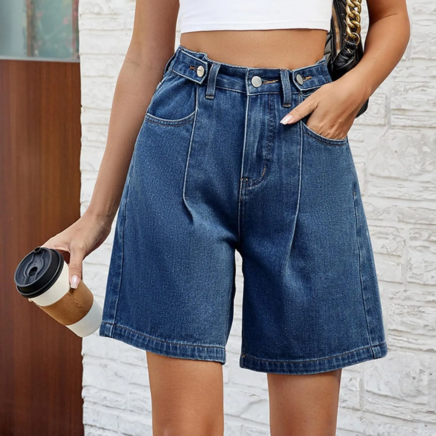 Short Jeans for Womens Casual High Waisted Adjustable Button Up Solid Color Folded Denim Shorts with Pockets