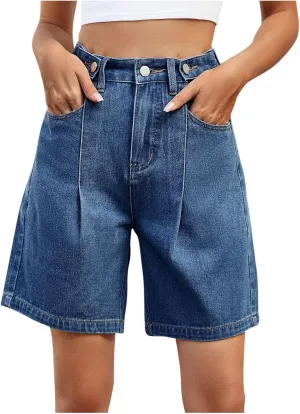 Short Jeans for Womens Casual High Waisted Adjustable Button Up Solid Color Folded Denim Shorts with Pockets
