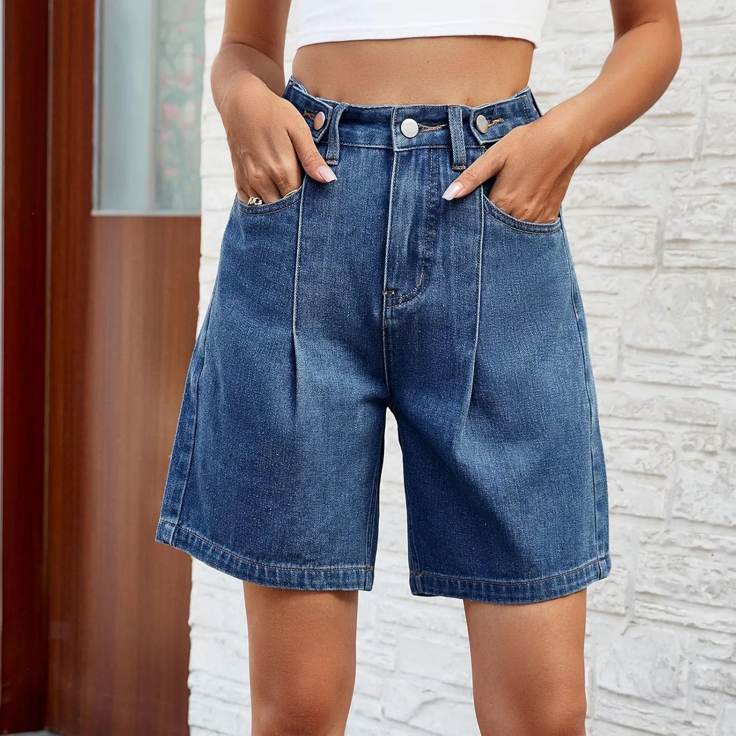 Short Jeans for Womens Casual High Waisted Adjustable Button Up Solid Color Folded Denim Shorts with Pockets