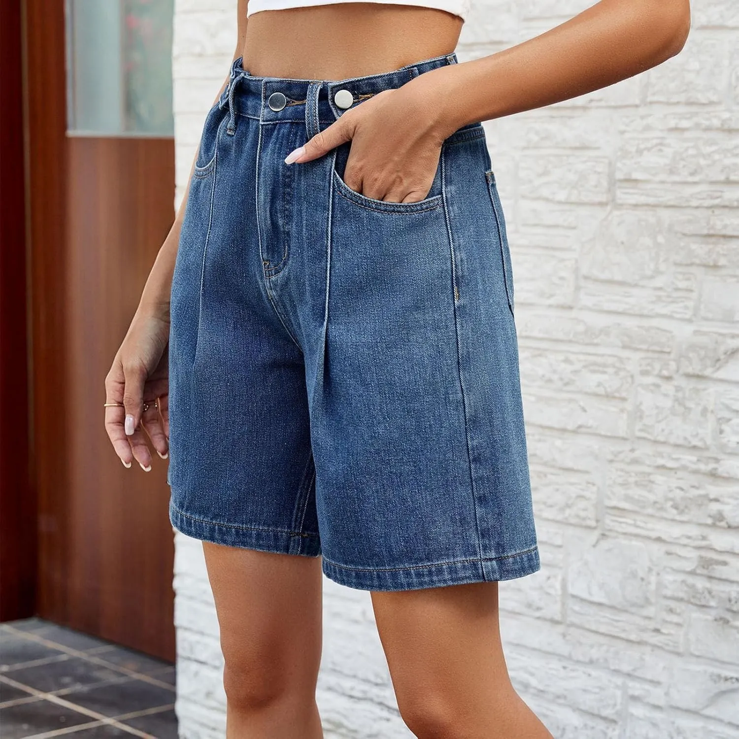 Short Jeans for Womens Casual High Waisted Adjustable Button Up Solid Color Folded Denim Shorts with Pockets