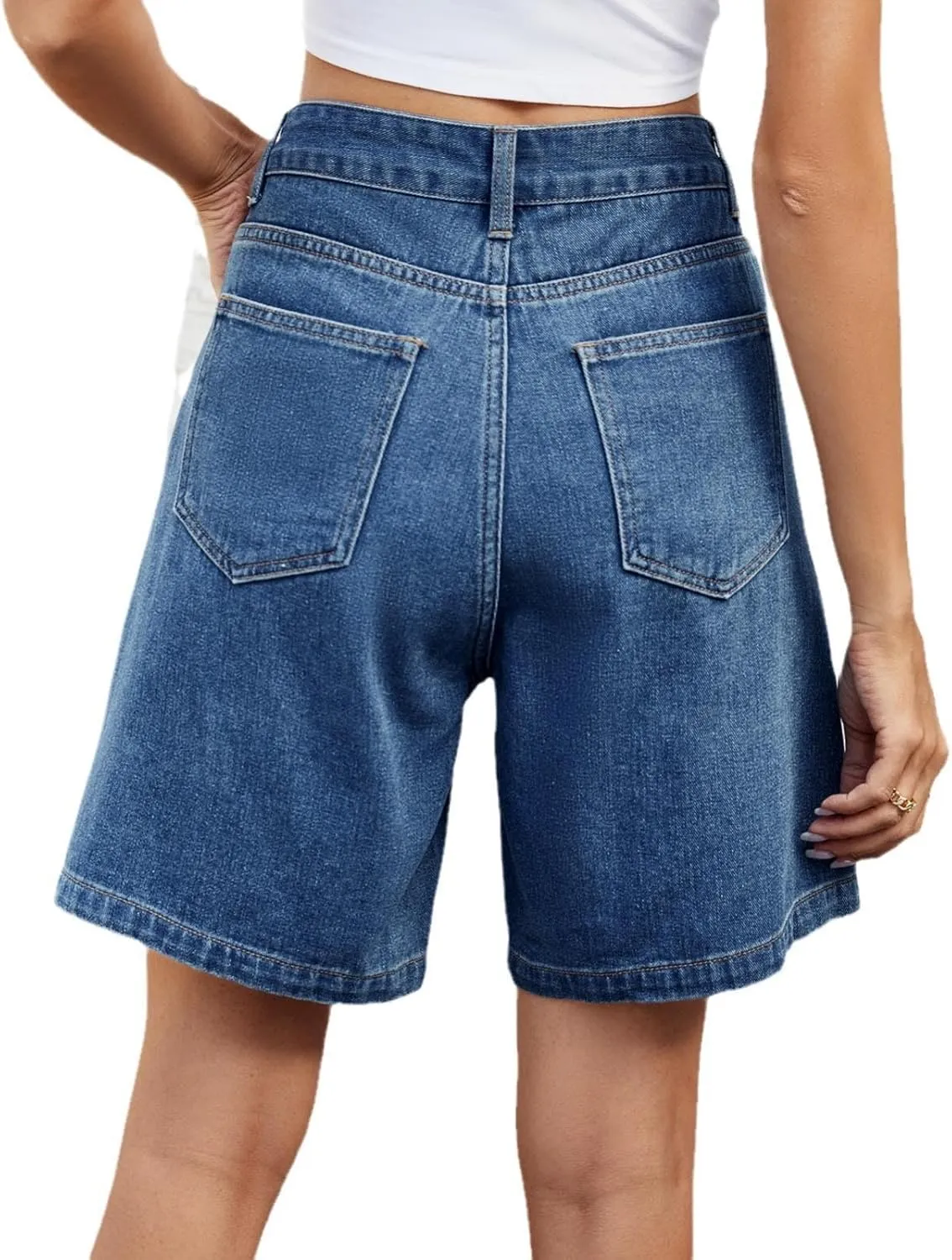 Short Jeans for Womens Casual High Waisted Adjustable Button Up Solid Color Folded Denim Shorts with Pockets