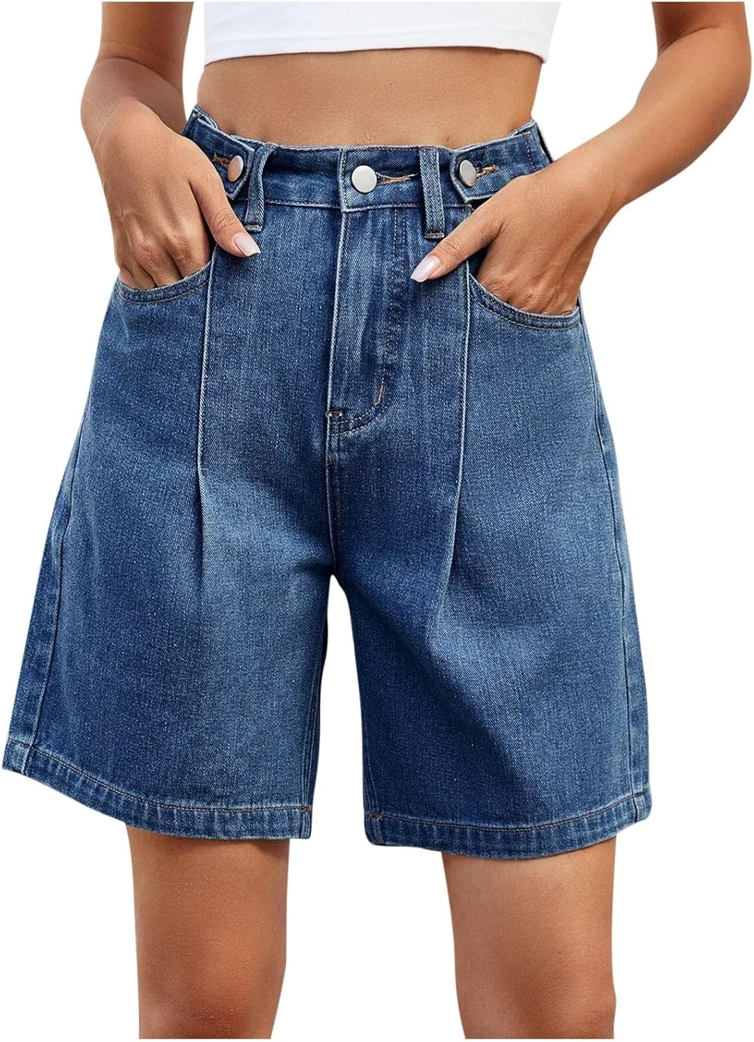 Short Jeans for Womens Casual High Waisted Adjustable Button Up Solid Color Folded Denim Shorts with Pockets