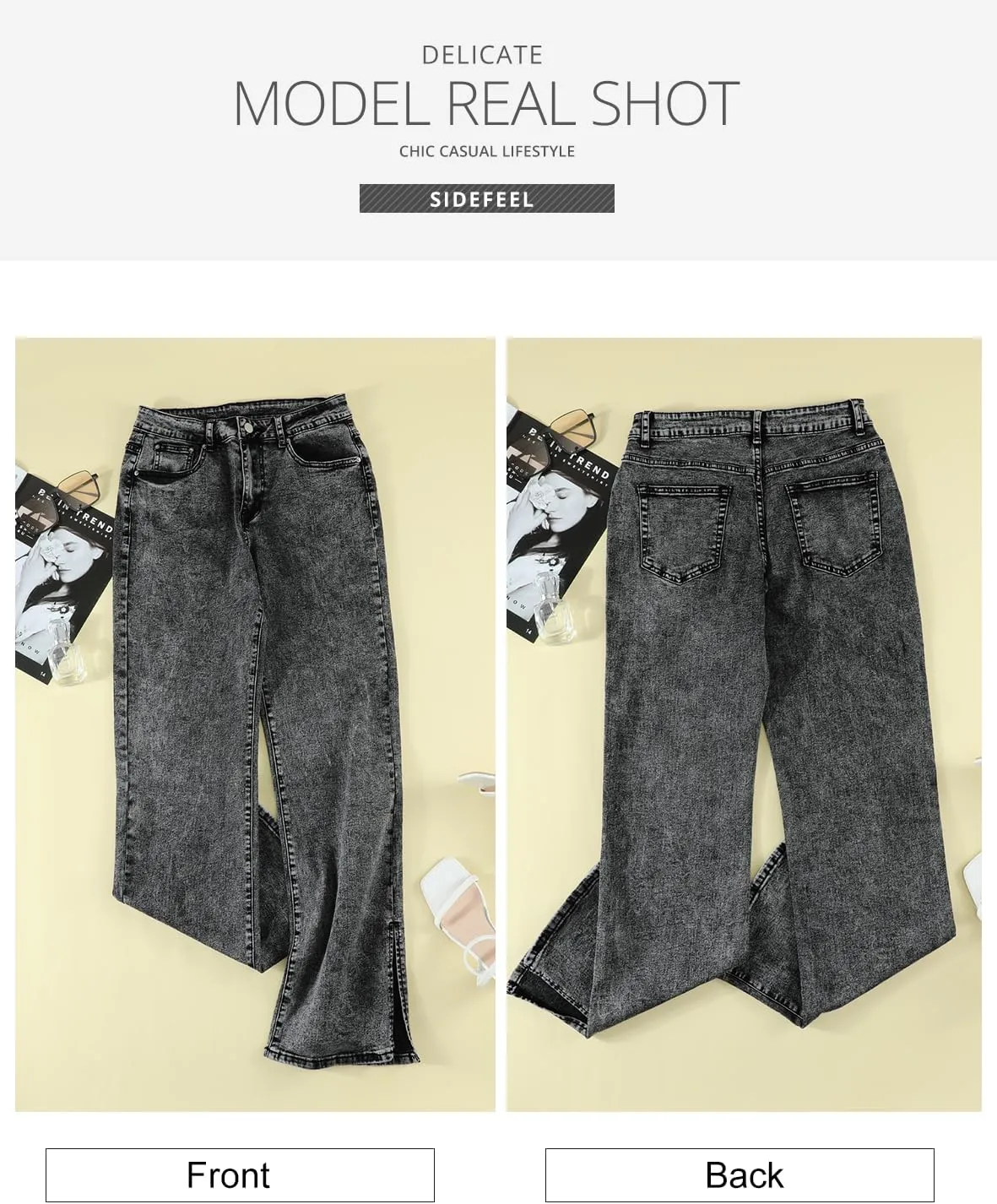 Sidefeel Women's Ripped High Waisted Flared Jeans Wide Leg Destroyed Denim Pants