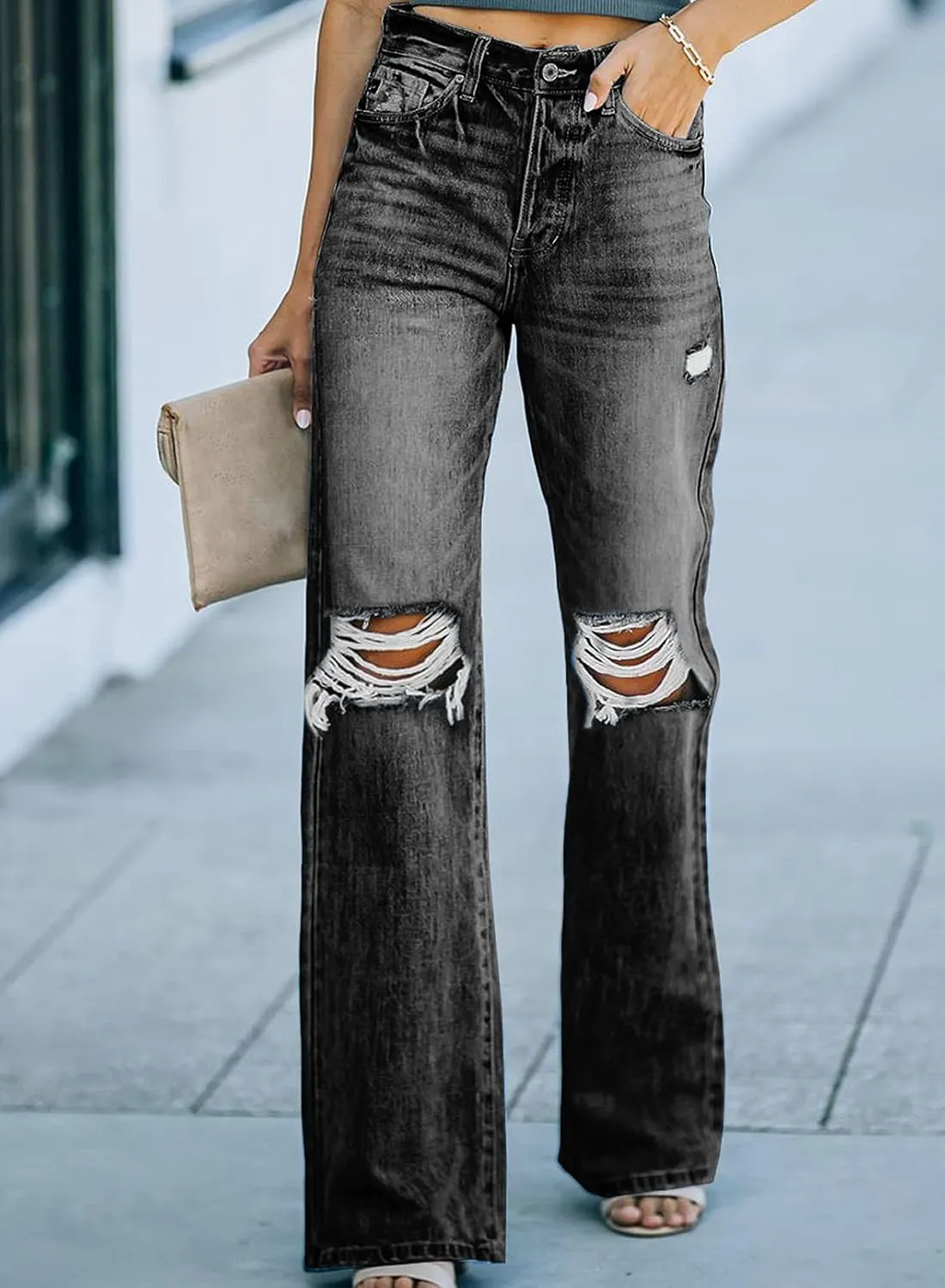 Sidefeel Women's Ripped High Waisted Flared Jeans Wide Leg Destroyed Denim Pants