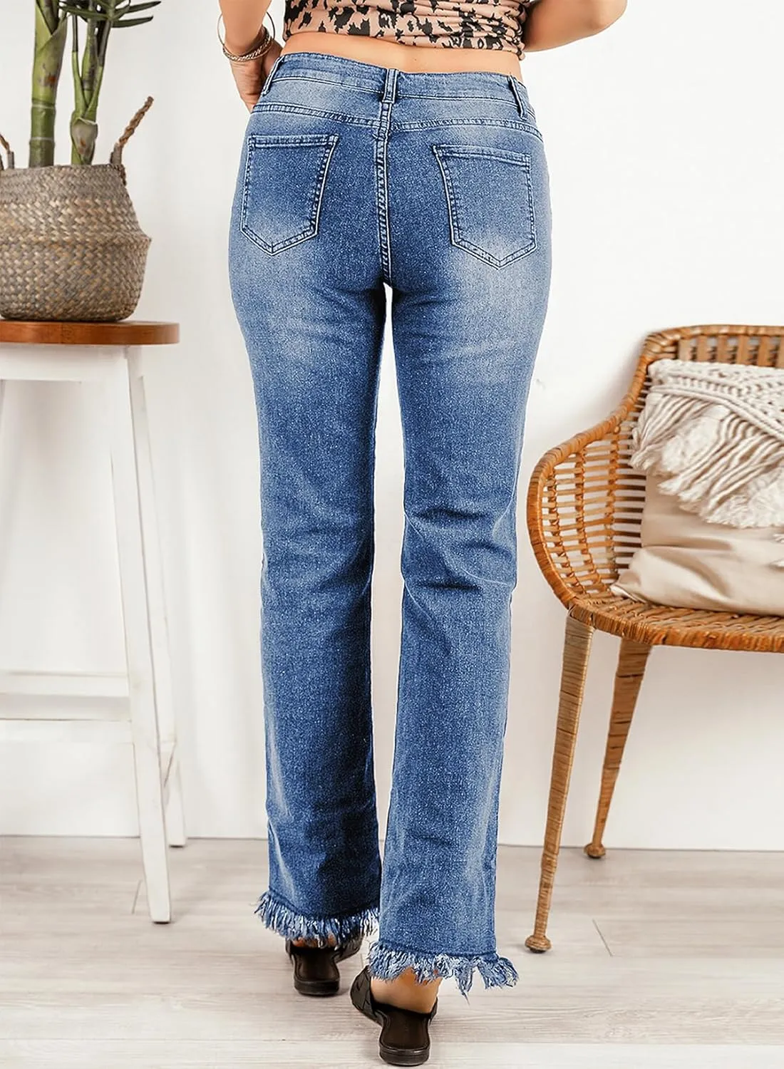 Sidefeel Women's Ripped High Waisted Flared Jeans Wide Leg Destroyed Denim Pants