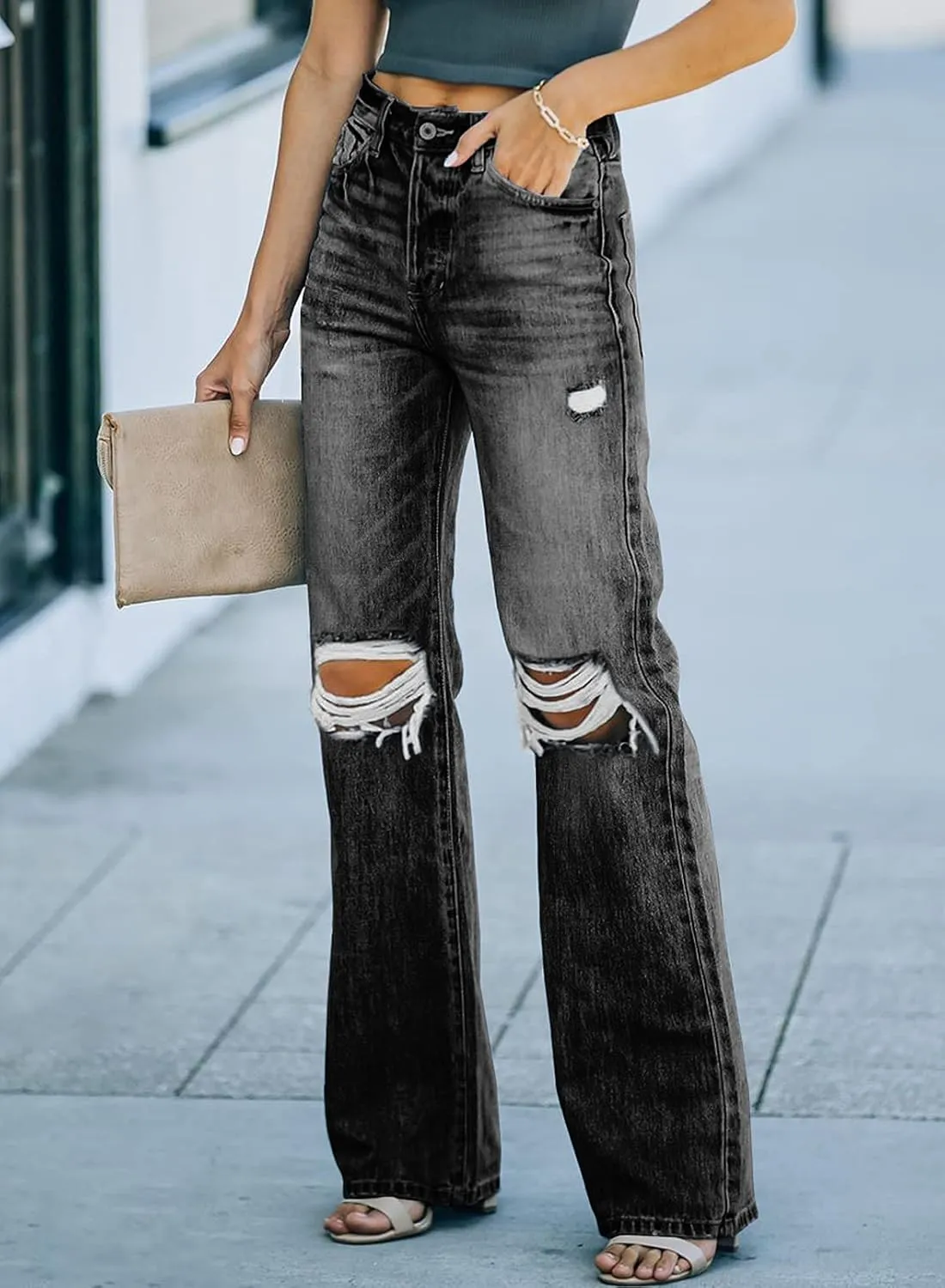 Sidefeel Women's Ripped High Waisted Flared Jeans Wide Leg Destroyed Denim Pants