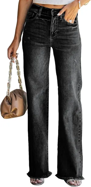 Sidefeel Women's Ripped High Waisted Flared Jeans Wide Leg Destroyed Denim Pants