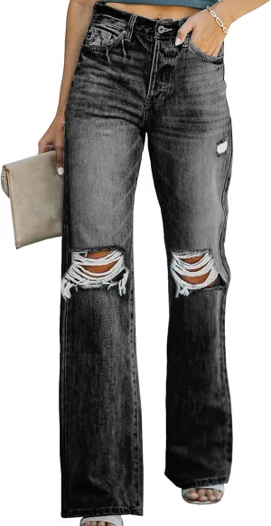 Sidefeel Women's Ripped High Waisted Flared Jeans Wide Leg Destroyed Denim Pants