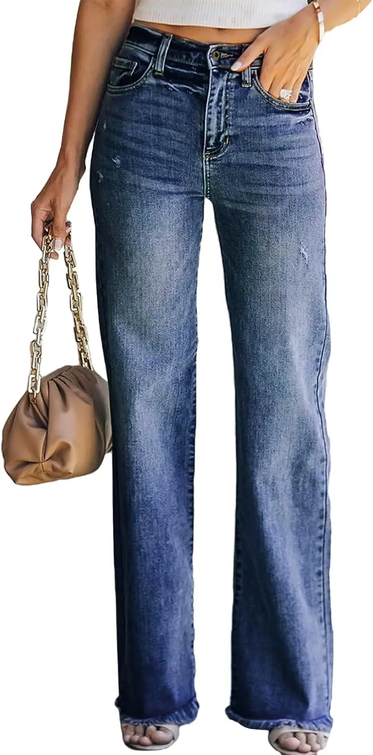 Sidefeel Women's Ripped High Waisted Flared Jeans Wide Leg Destroyed Denim Pants