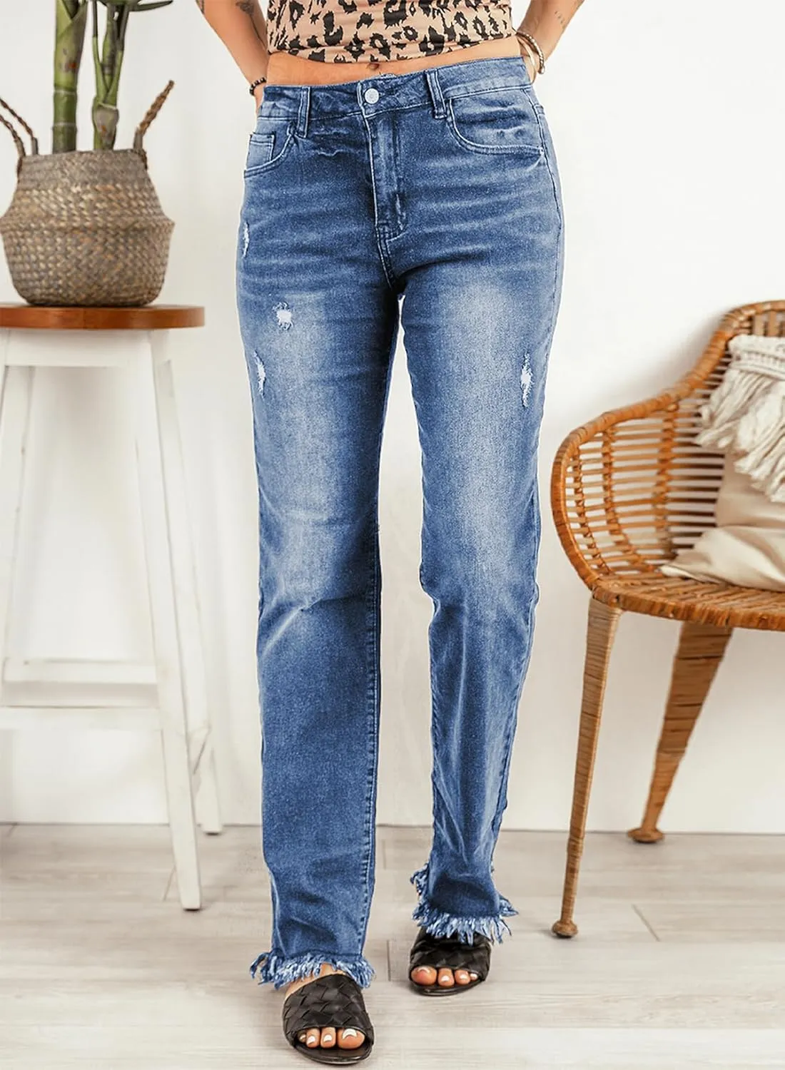 Sidefeel Women's Ripped High Waisted Flared Jeans Wide Leg Destroyed Denim Pants